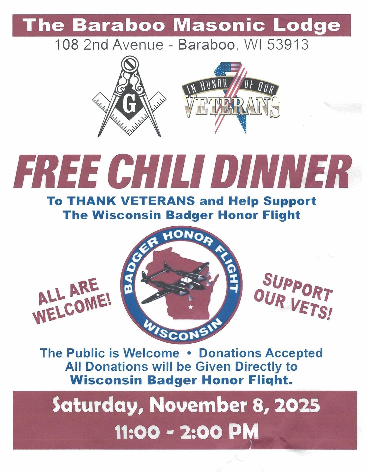 Baraboo Masonic Lodge Free Chili Dinner